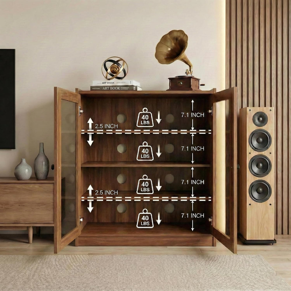 holzart Audio Stereo Cabinet with Glass Doors, 35.4" Tall Vintage AV Com...