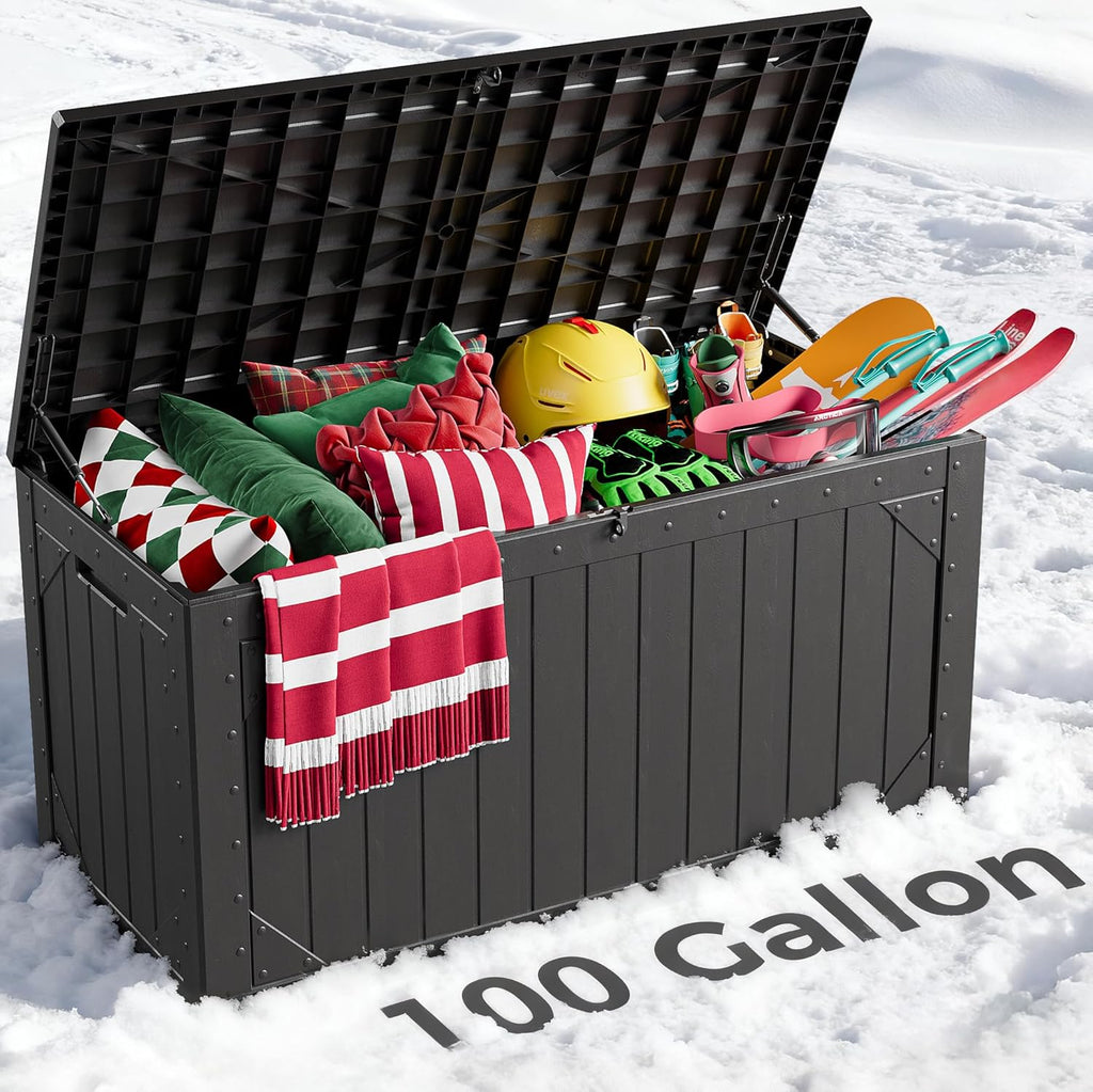 100 Gallon Outdoor Storage Box, Weatherproof Deck Box for Patio Cushions, Throw Pillows, Garden Tools, Lockable Resin Large Outdoor Storage Bench for Yard, Porch, or Balcony