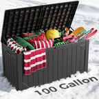 100 Gallon Outdoor Storage Box, Weatherproof Deck Box for Patio Cushions, Throw Pillows, Garden Tools, Lockable Resin Large Outdoor Storage Bench for Yard, Porch, or Balcony