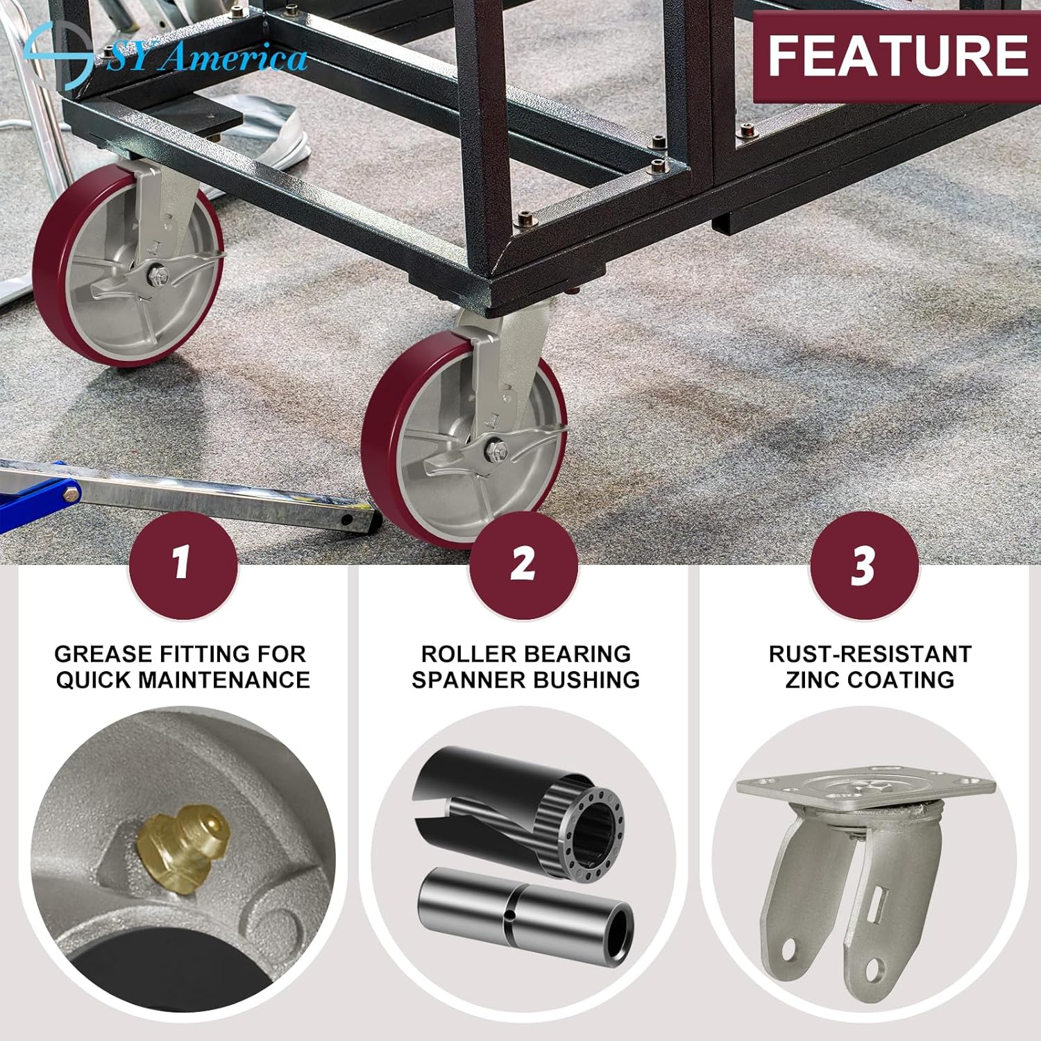 SY America 8" X 2" Casters Wheels,Heavy Duty Industrial Casters，Polyurethane on Aluminum Wheels,2 Rigid Casters,3200 LBS Load Capacity