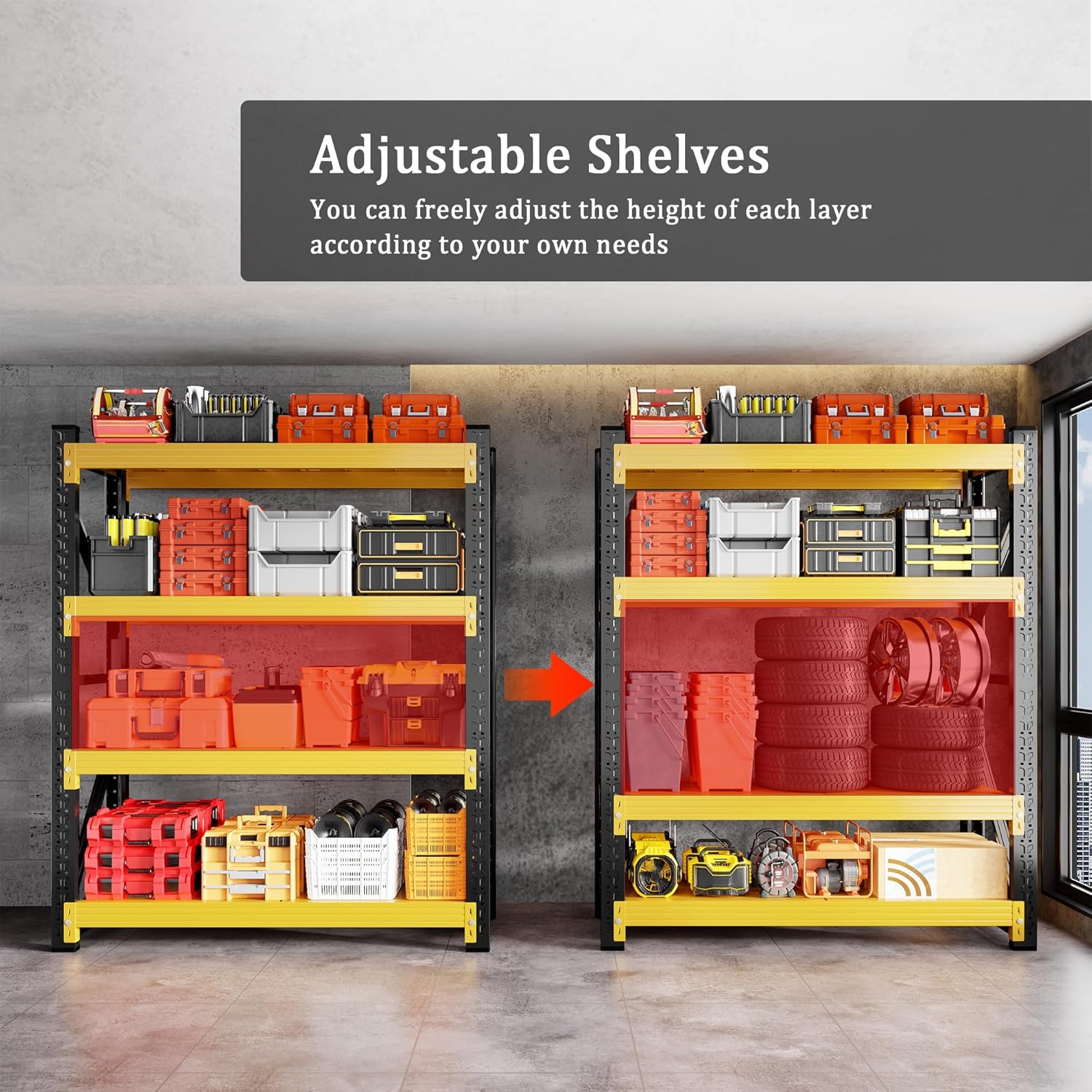 4000LBS Garage Shelving 48" W Garage Shelving Heavy Duty 4-Tier Metal Storage Shelves Adjustable Shelf Unit Storage Rack for Basement Supermarket Warehouse 48" W x 24" D x 78" H Yellow