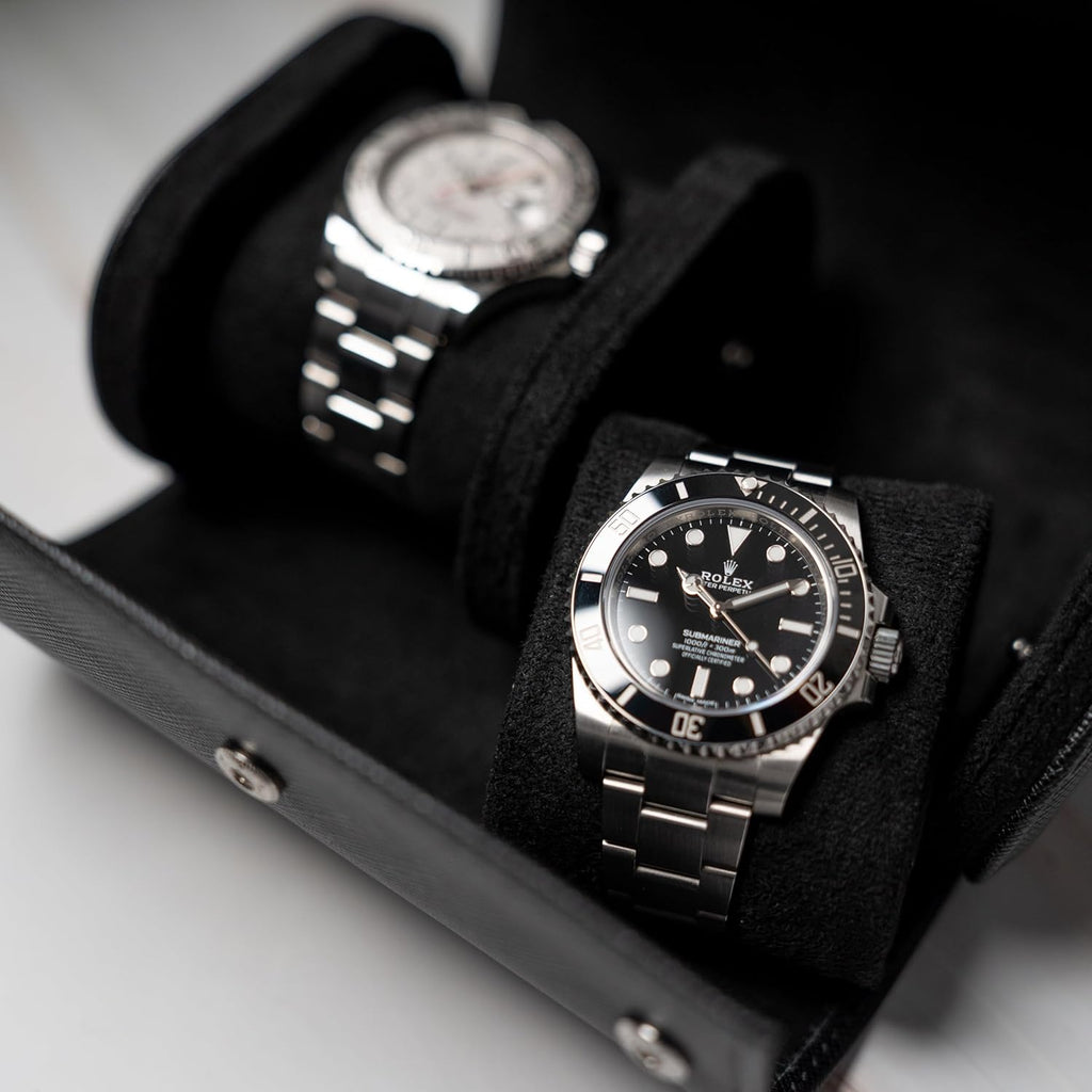 DailyWatch | Watch Roll Travel Case For 2 Watch | Luxury Watch Case In Genuine Saffiano Black Leather With Soft Velvet Interior | Watch Case Protect, Store, & Display Your Watches | All Black