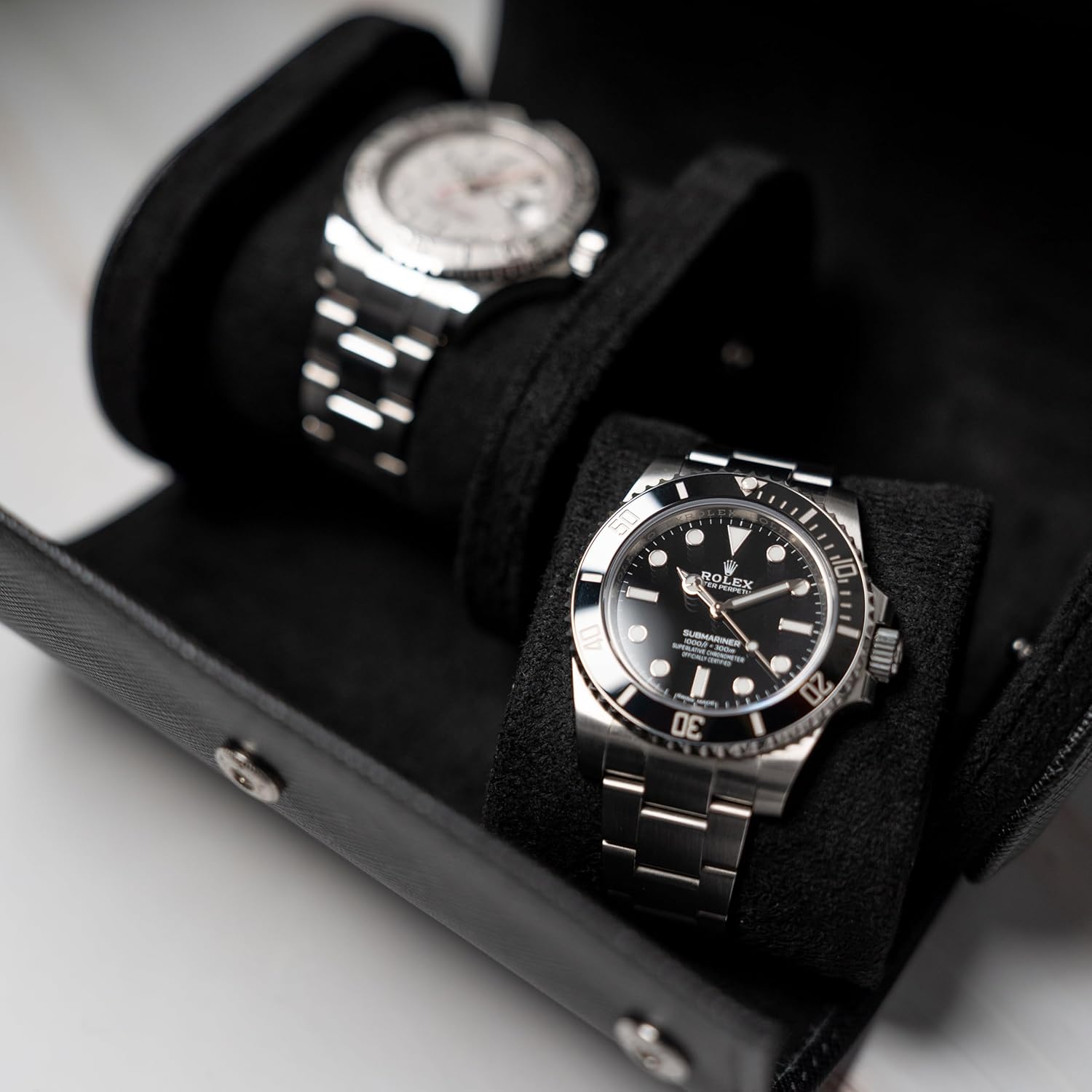 DailyWatch | Watch Roll Travel Case For 2 Watch | Luxury Watch Case In Genuine Saffiano Black Leather With Soft Velvet Interior | Watch Case Protect, Store, & Display Your Watches | All Black