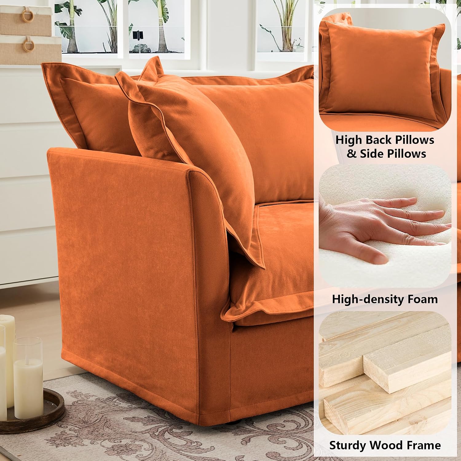 Aoowow Oversized Modular Sectional Sofa Chair Set of 2, 49” Chenille Fabric Single Armchair Comfy Deep Seat Couch Sofa with Big Toss Pillows for Living Room Apartment Office(Orange-Chenille)
