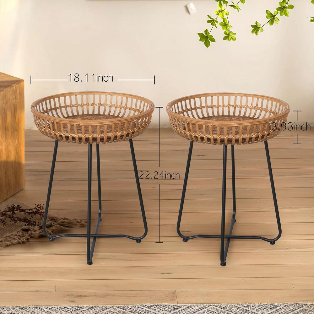 Oakrain Rattan End Table, Nesting Tables, Set of 2, Bamboo, Round, Metal Base...