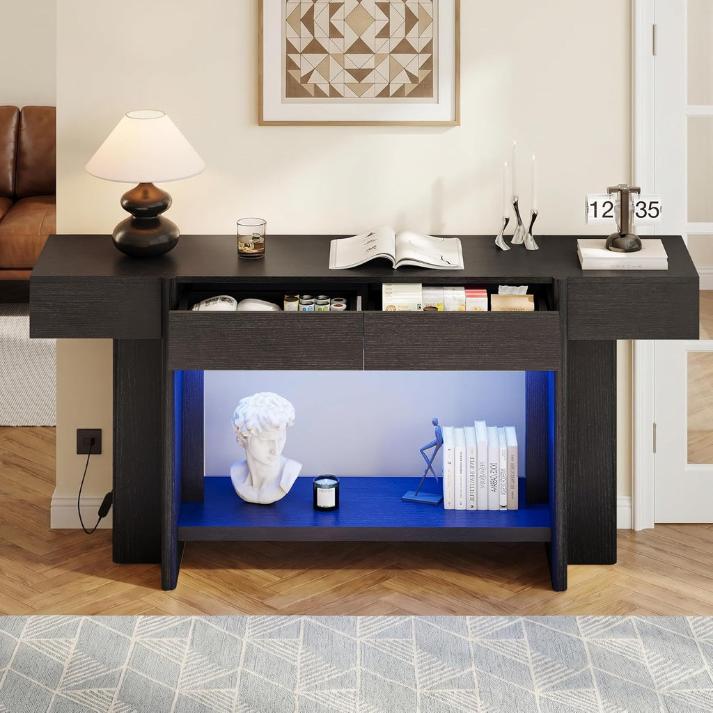 iPormis 70.8" Long Console Table with 2 Drawers and Open Storage, Modern Entryway Table with Colorful LED Lights, Narrow Sofa Table for Living Room, Hallway, Entrance, Behind Couch, Black