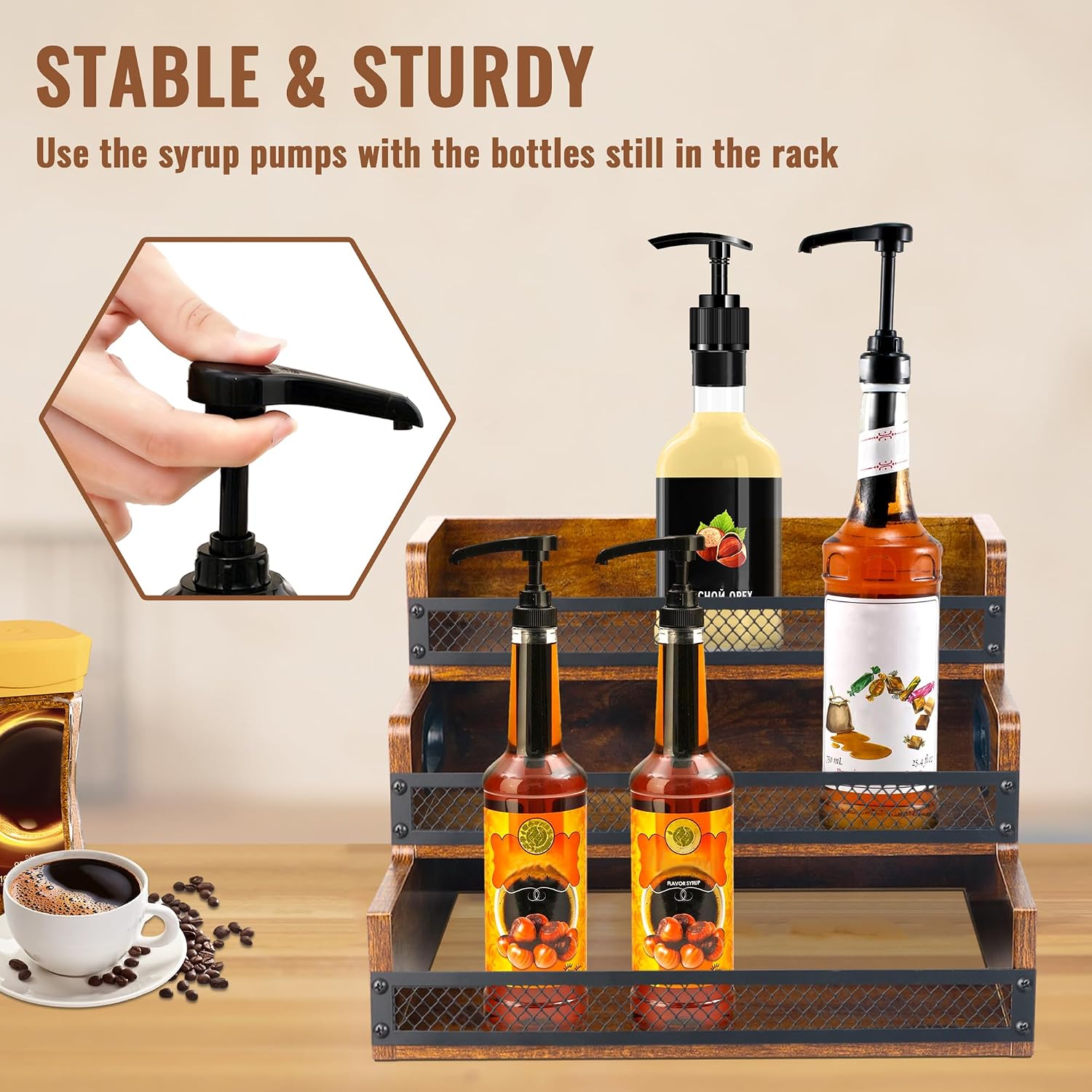 Liquor Bottle Display Shelf, Coffee Syrup Rack Organizer, 3 Step Countertop Liquor Wine Rack, 12 Bottles Coffee Station Organizer with Fences & Handles, Home Retro Bar Shelf Stand for Liquor Whiskey