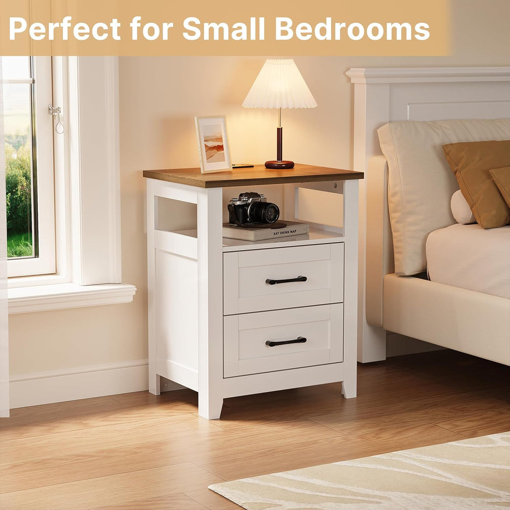Decofy Farmhouse 2-Drawer Nightstand Set of 2 with Charging Station, White