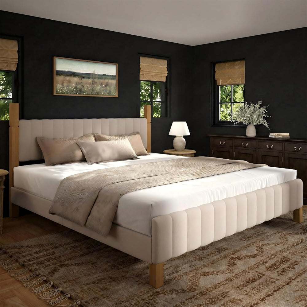 Yechen King Size Bed Frame, Wood Bed Frame with Upholstered Headboard, Solid ...
