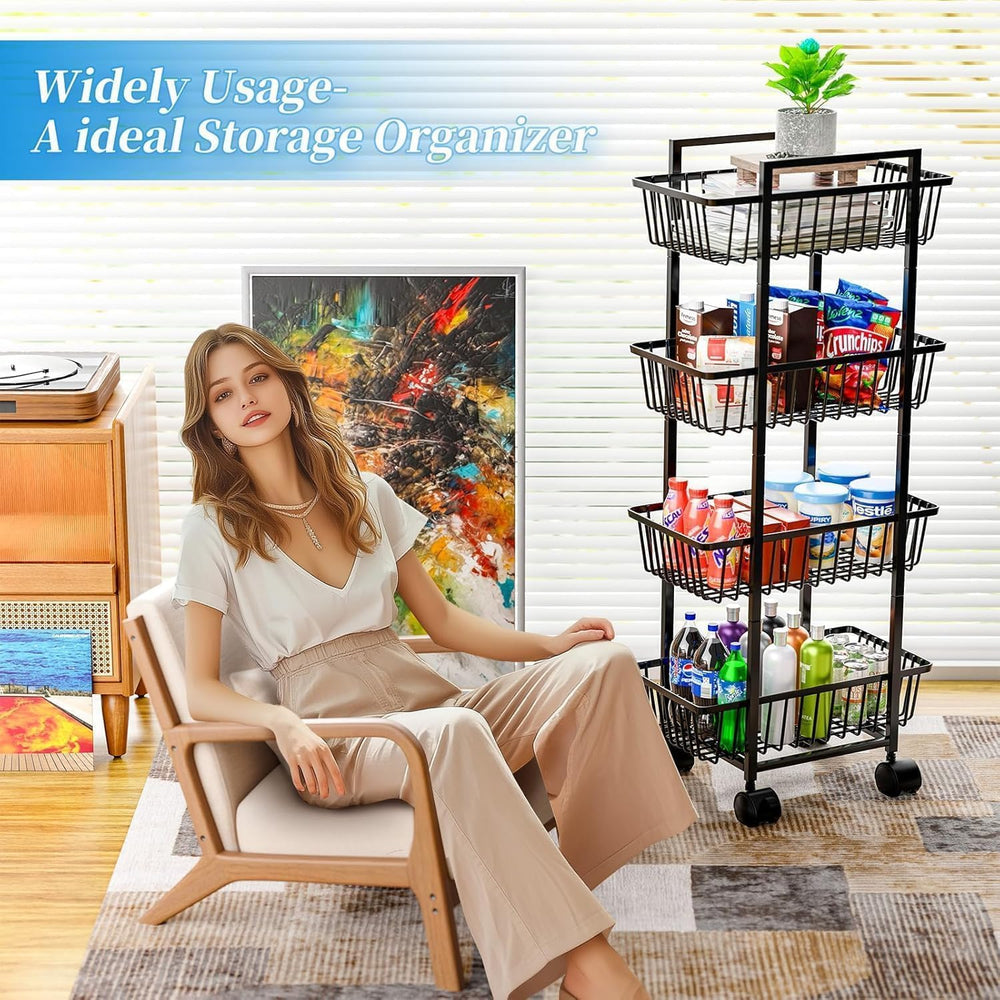 Simple Trending 4 Tier Rolling Fruit Vegetable Basket Cart, Black | Metal Wir...