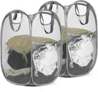 HOUSE AGAIN 2 Pcs Pop Up Laundry Hamper, Strong Mesh Laundry Baskets Collapsible, Hamper with Handles and Side Pocket, Portable Foldable Dirty Clothes for Dorm, Laundry room and Travel Storage, Grey