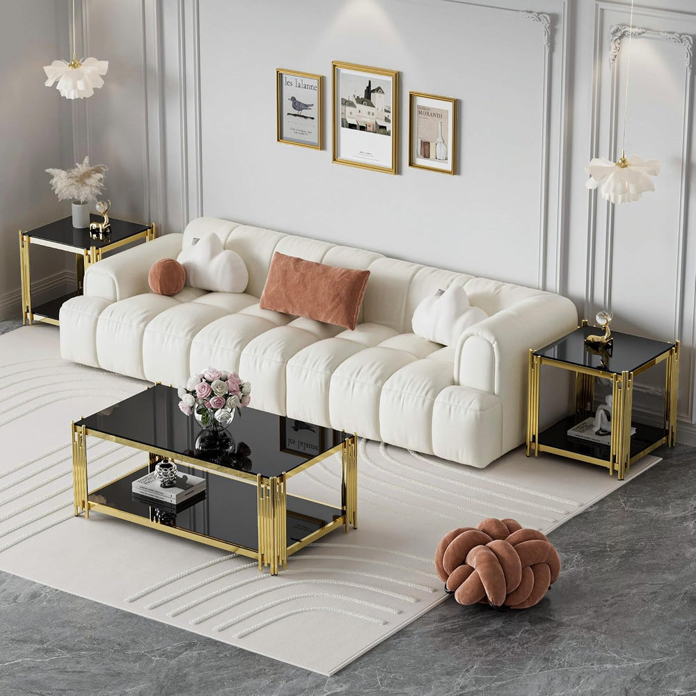 Glass Coffee Table Set of 3, End Table Modern Living Room Table Rectangle Cle...