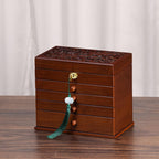 Vintage Wooden Jewelry Box with Dual Key Lock, Carved Top, Necklace Hooks – Antique Jewelry Organizer for Dresser Tabletop, Jewelry Storage Boxes for Women