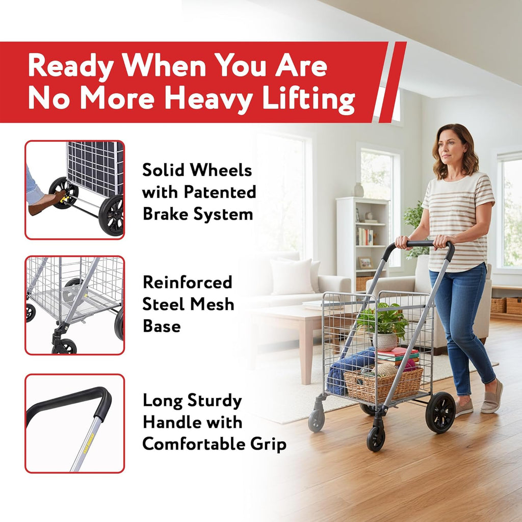 dbest Products Cruiser Cart Deluxe 2 - Foldable Shopping Cart with Wheels for Groceries - Heavy Duty Utility Cart with Brake System - Collapsible Laundry Cart - USA Designed - Holds 100 lbs - Silver