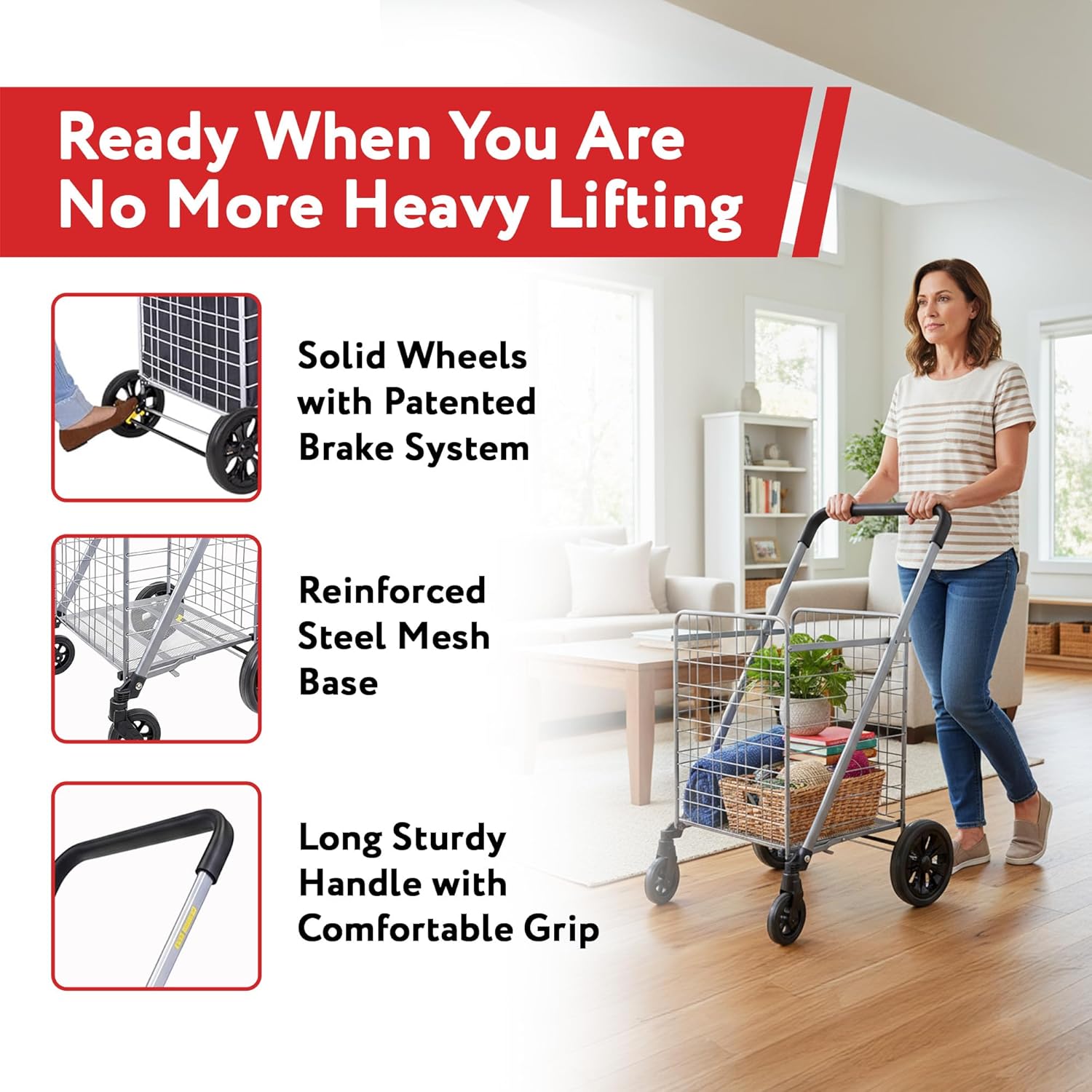 dbest Products Cruiser Cart Deluxe 2 - Foldable Shopping Cart with Wheels for Groceries - Heavy Duty Utility Cart with Brake System - Collapsible Laundry Cart - USA Designed - Holds 100 lbs - Silver