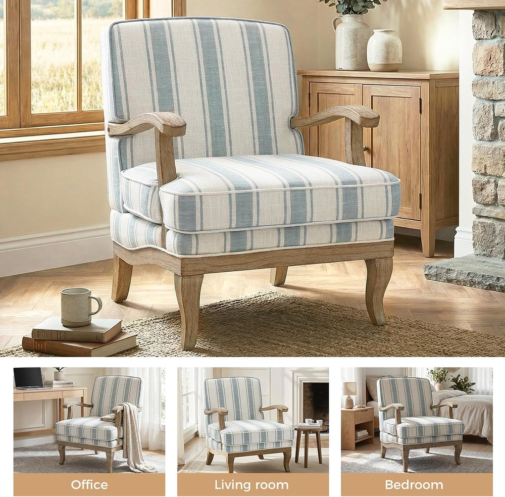 HULALA HOME Farmhouse Striped Accent Chair with Solid Wood Legs, Blue | Comfy...