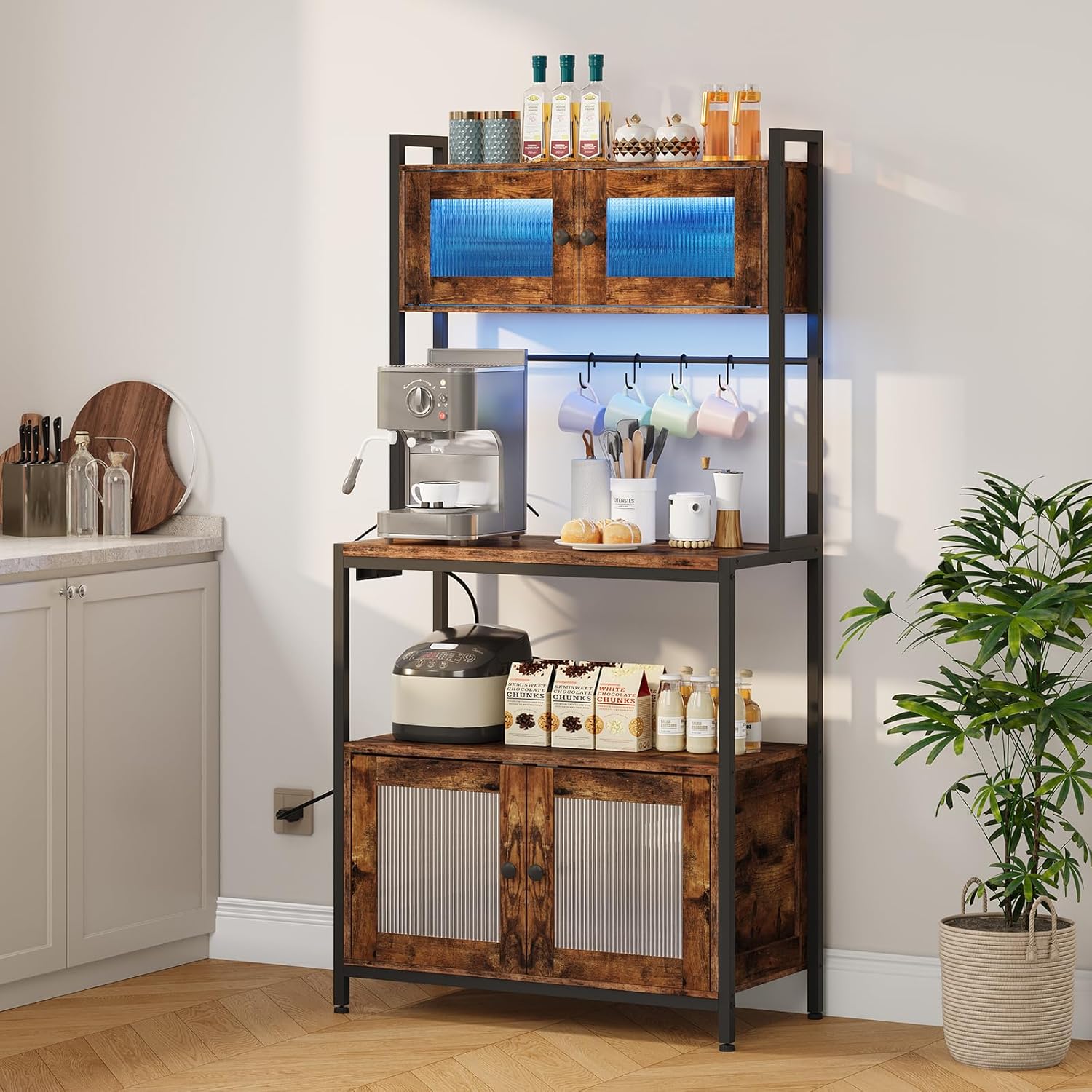 HOOBRO Bakers Rack with Storage Cabinet, 5-Tier Coffee Bar with Power Outlet and LED Lights, Industrial Microwave Oven Stand with Shelves, Kitchen Storage Shelf, Rustic Brown and Black BF13UDHB01
