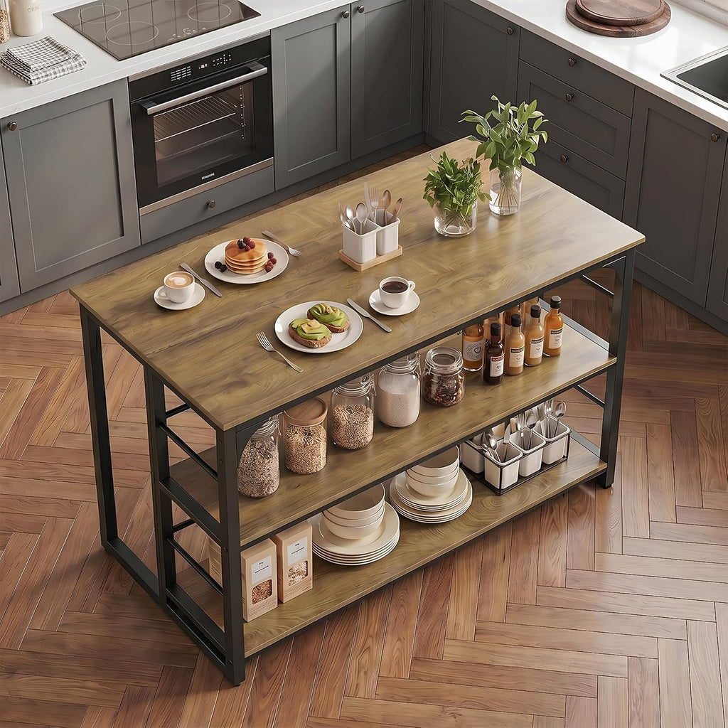 LITTLE TREE Kitchen Island with Storage, 63 Inches Width Kitchen Shelf with Large Worktop, Modern Kitchen Counter for Dining Room, Kitchen, Living Room, Easy to Assemble, Brown & Black