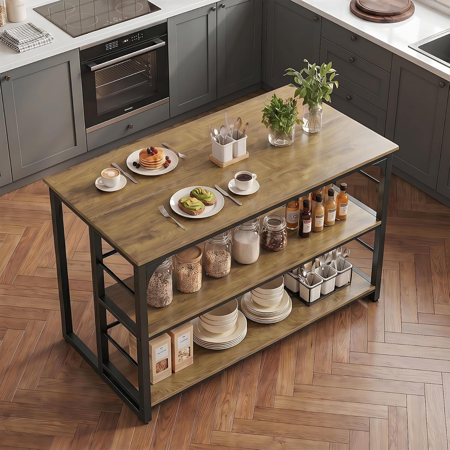 LITTLE TREE Kitchen Island with Storage, 63 Inches Width Kitchen Shelf with Large Worktop, Modern Kitchen Counter for Dining Room, Kitchen, Living Room, Easy to Assemble, Brown & Black