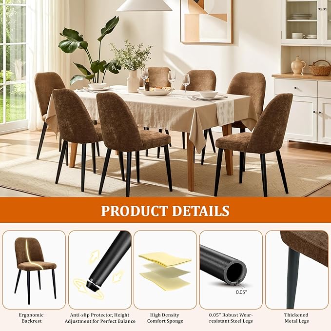 Upholstered Dining Chairs Set of 4, Chenille Mid Century Modern Fabric Dining Room Chair High-Back Padded Kitchen Chairs with Padded Seat and Metal Legs for Kitchen Dining Room Restaurant Cafe, Brown