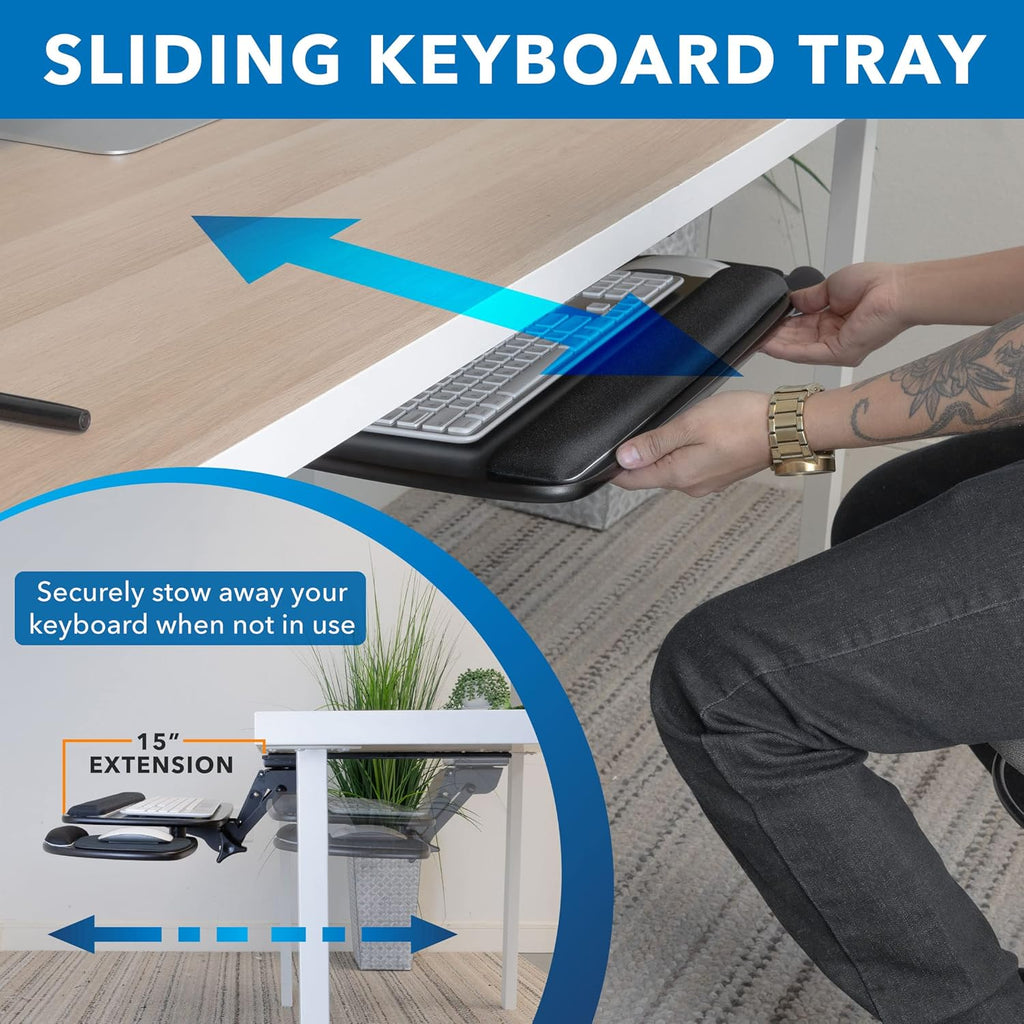 Mount-It! Full Motion Under Desk Keyboard Tray with Wrist Rest | Height and Tilt Adjustable Ergonomic Slide Out Keyboard Platform with Swivel, Mouse Pad for Left or Right Setup