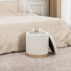 Round Storage Ottoman for Living Room, Small Velvet Vanity Stool with Light-Wood Base, White