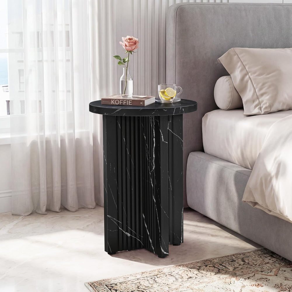 LEVNARY 15.7" Round Side Table with Marble-Look Top, Modern End Table wi...