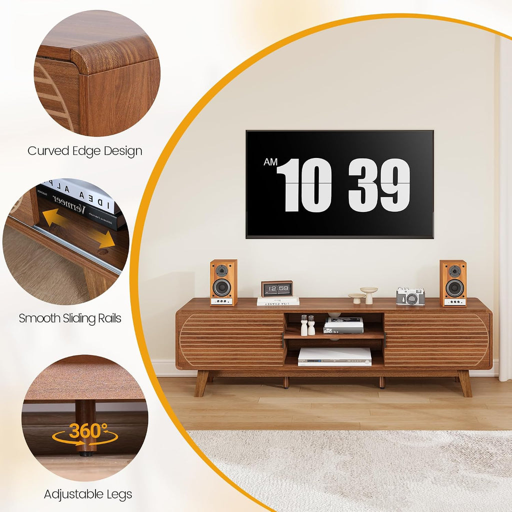 Turtle&Myrtle Mid Century Modern TV Stand with Sliding Doors, TV Consoles, Media Consoles for TV up to 70 Inch, Entertainment Center with Storagefor Living Room, 63 Inch (Walnut)