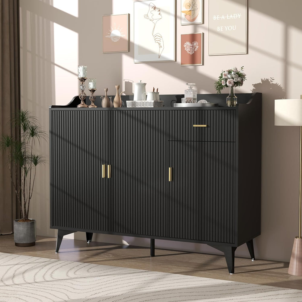 Sideboard Buffet Cabinet with Drawers: 47" Black Fluted Sideboard Cabine...