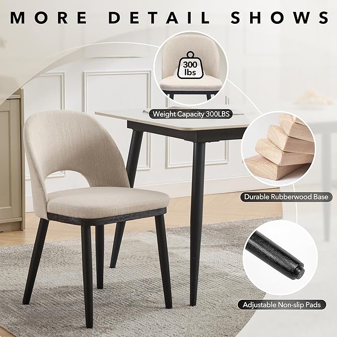 Wooden Dining Chairs Set of 4,Upholstered Kitchen Dining Room Chairs with Curved Backrest and Wood Leg,Modern Fabric Farmhouse Dinner Chair for Restaurant/Cafe,Beige