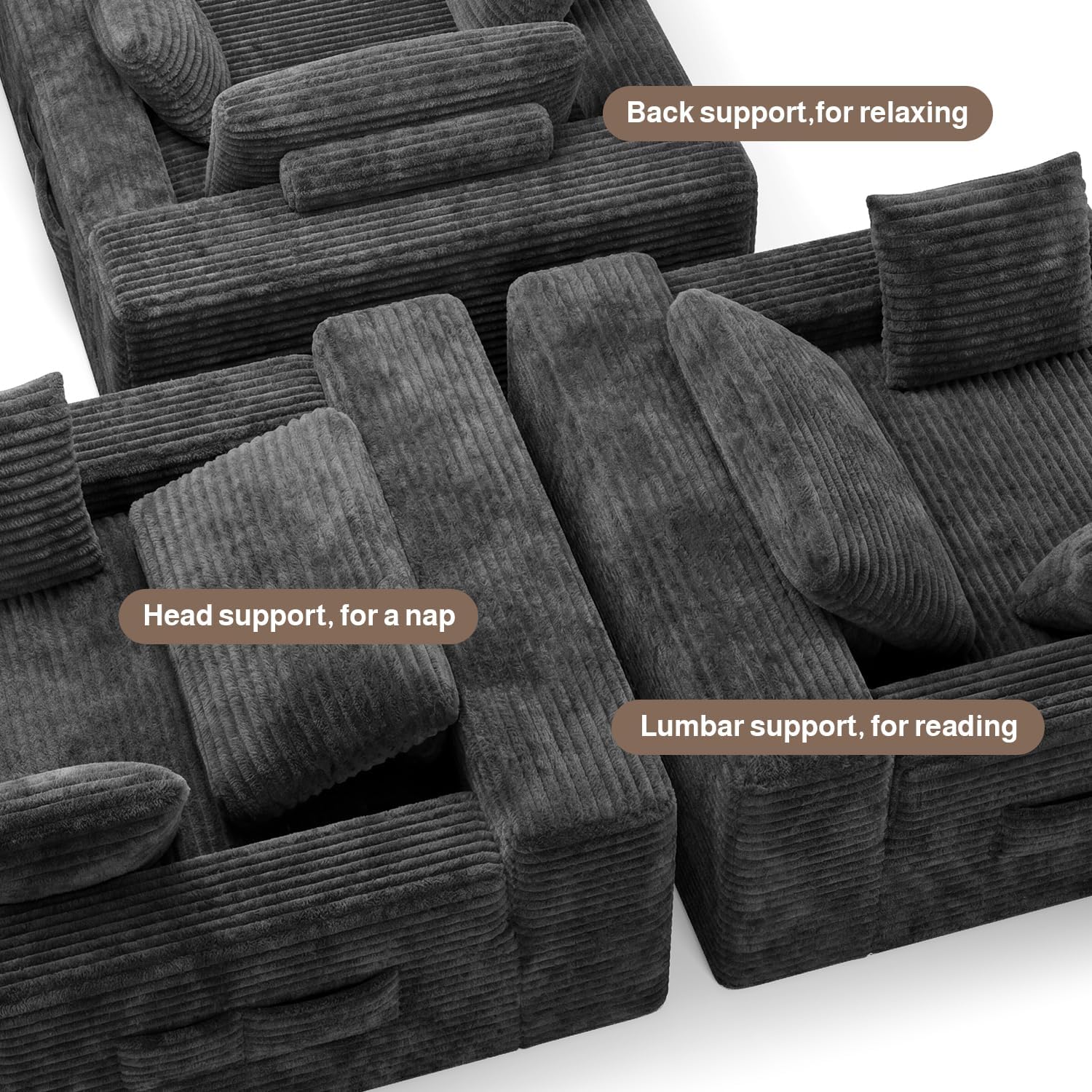 67" Boneless Chair, Chaise Lounge Chair Indoor with 3 Pillows, Gray | No-Assembly Corduroy Chaise Lounge;Oversized boneless chaise lounge with Side Pockets;Pet-Friendly Fuzzy Reading Chair