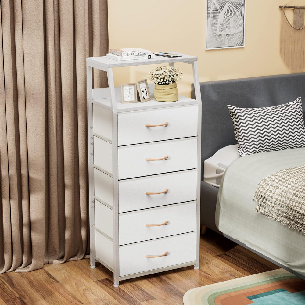 Furnulem White Tall Dresser for Bedroom, 5 Fabric Bins Tall Nightstand | Dorm...