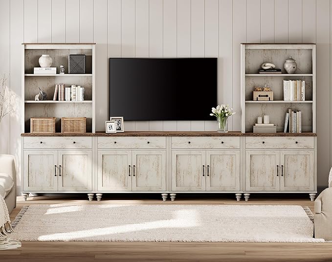 WAMPAT Entertainment Center with Bookshelves for TVs up to 75", Farmhouse Wall Unit TV Stand with 8 Doors & 4 Drawer, Media Console Table for Living Room, Bedroom & Home Theater, Rustic White