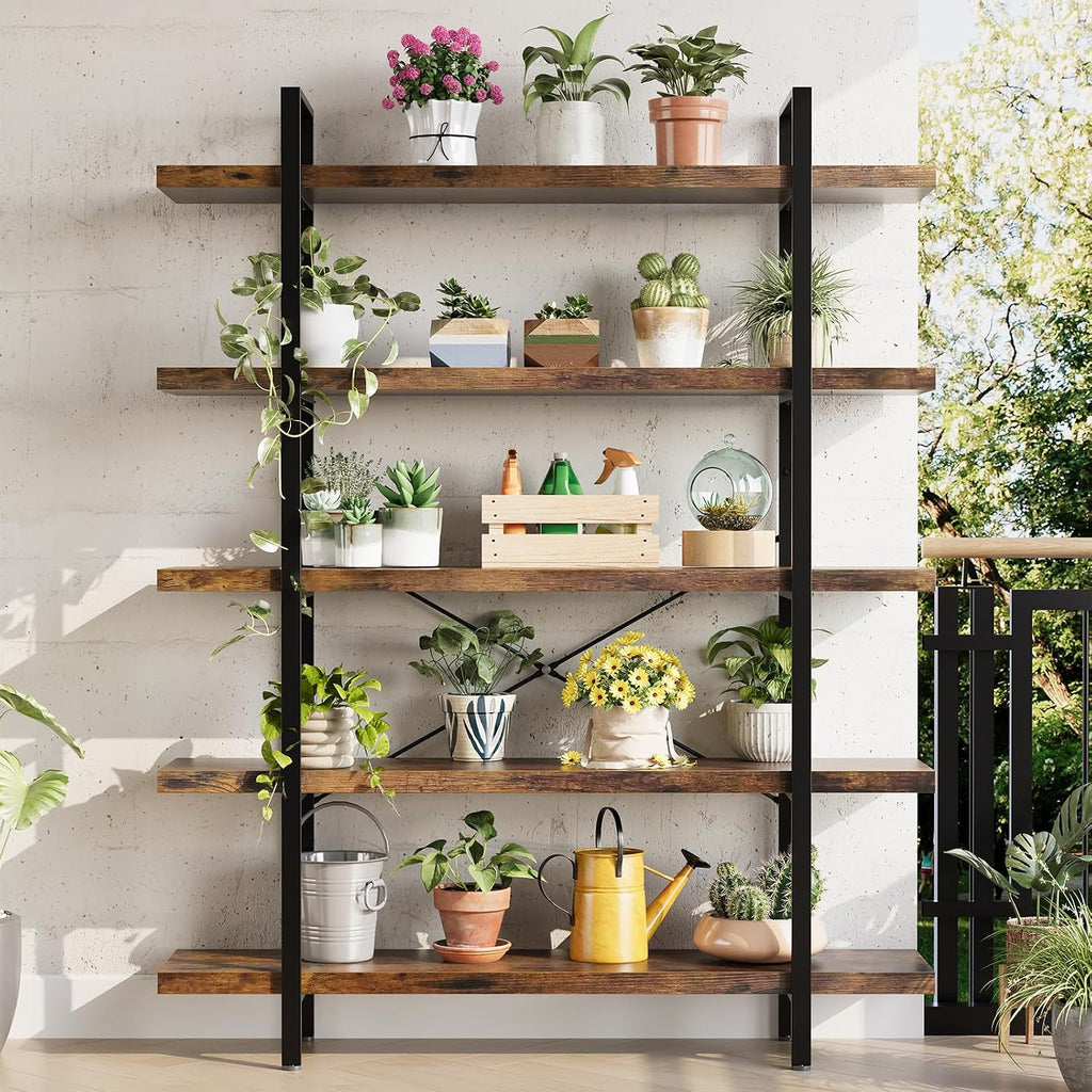 2PCS Heavy Duty 5 Tier Industrial Bookcase for Home Office, Rustic Brown | 47" Wide Wood Bookshelf,120 lbs Shelf Capacity, Rustic Open Shelving Display,3CM Upgraded Thicken Board,Easy to Assemble