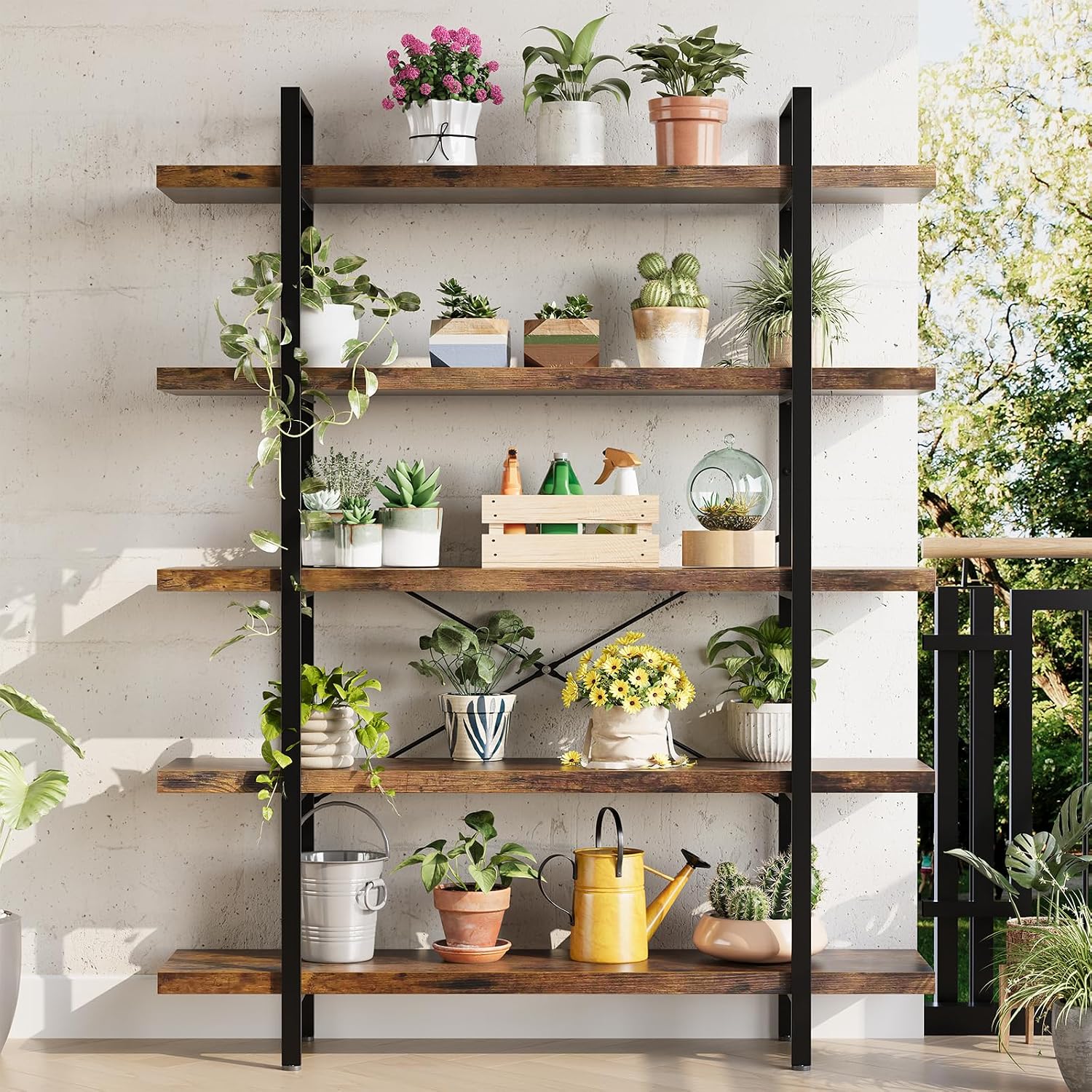 2PCS Heavy Duty 5 Tier Industrial Bookcase for Home Office, Rustic Brown | 47" Wide Wood Bookshelf,120 lbs Shelf Capacity, Rustic Open Shelving Display,3CM Upgraded Thicken Board,Easy to Assemble