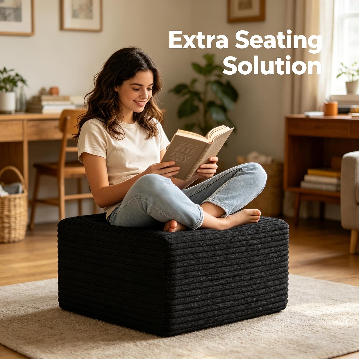 25.6" Corduroy Ottoman Foot Rest,Plush Memory Foam Couch Ottomans,Boneless Compressed Sofa in a Box for Living Room No Assembly Require,Black