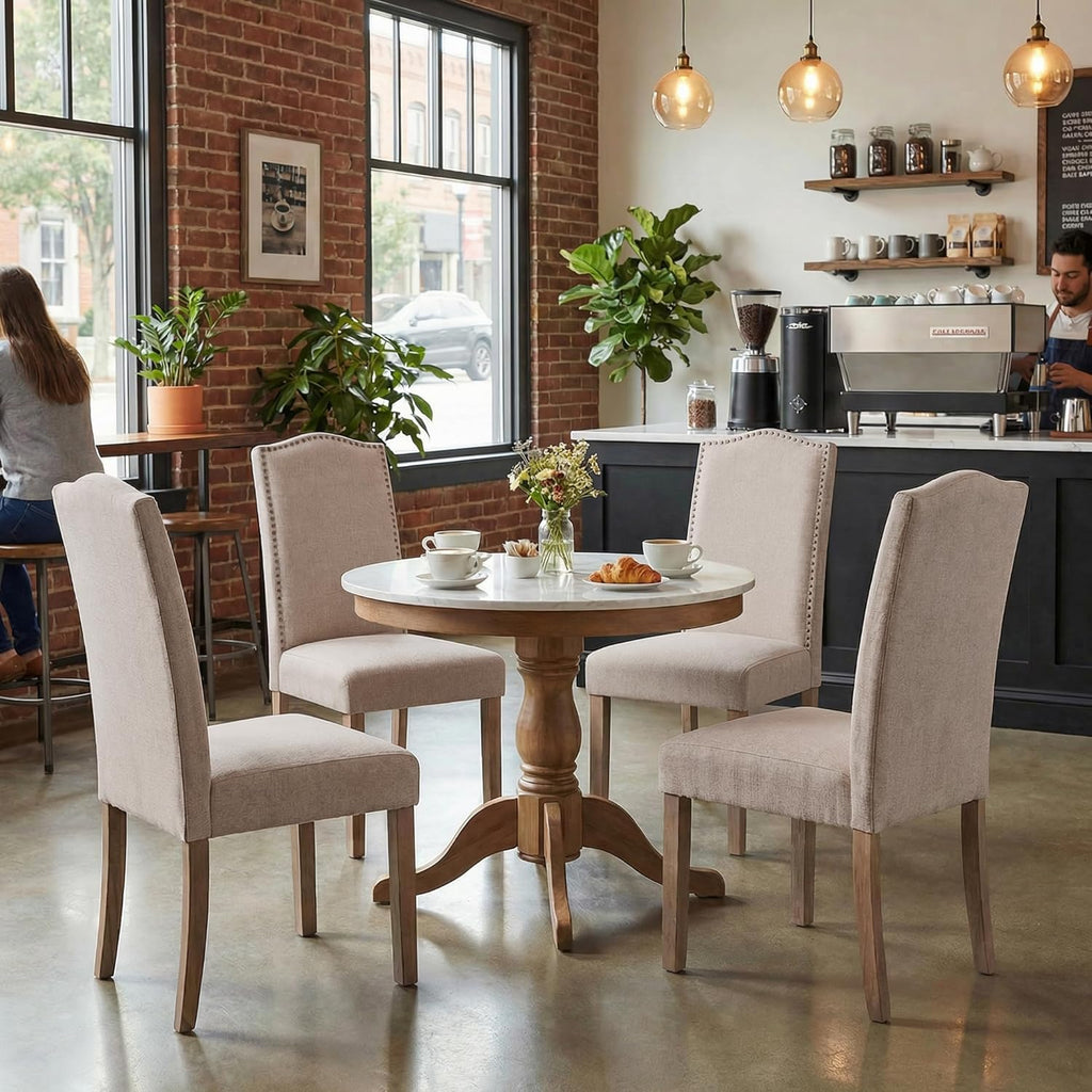 Upholstered Dining Chair Modern Stylish Parsons Kitchen Diner High Back with Silver Nailhead Trim & Wood Legs, Set of 4, Fabric Beige