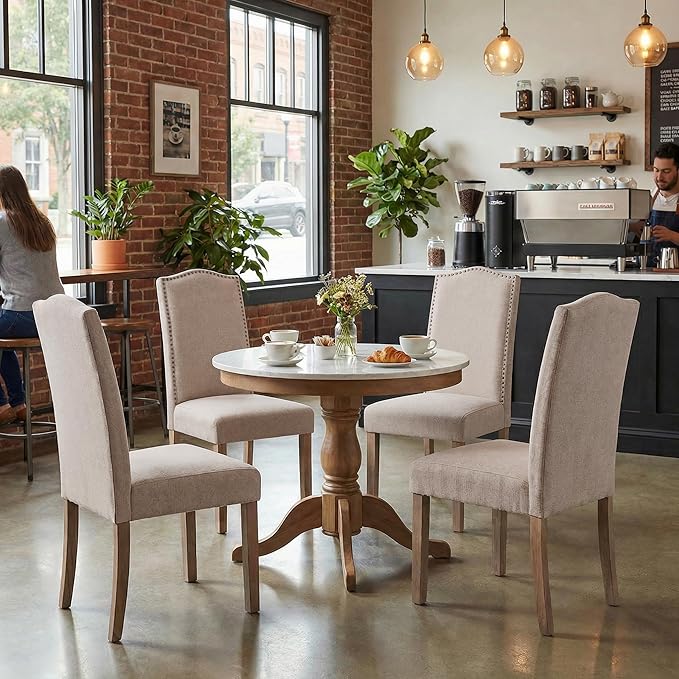 Upholstered Dining Chair Modern Stylish Parsons Kitchen Diner High Back with Silver Nailhead Trim & Wood Legs, Set of 4, Fabric Beige