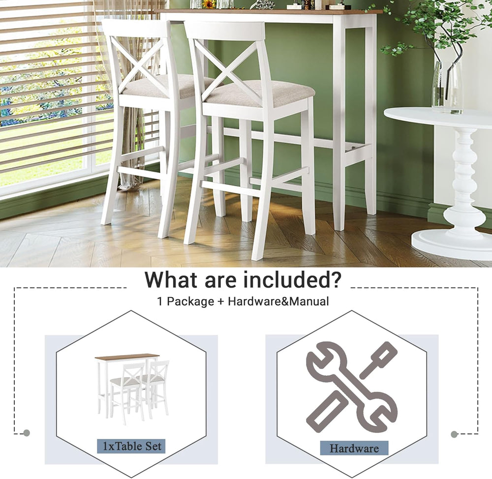 LUMISOL 3 Piece Pub Table and Chair Set, Small Wood Counter Height Bar Table ...
