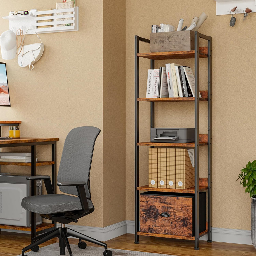 Furologee 5 Tier Bookshelf with Drawer, Tall Narrow Bookcase with Shelves, Wo...