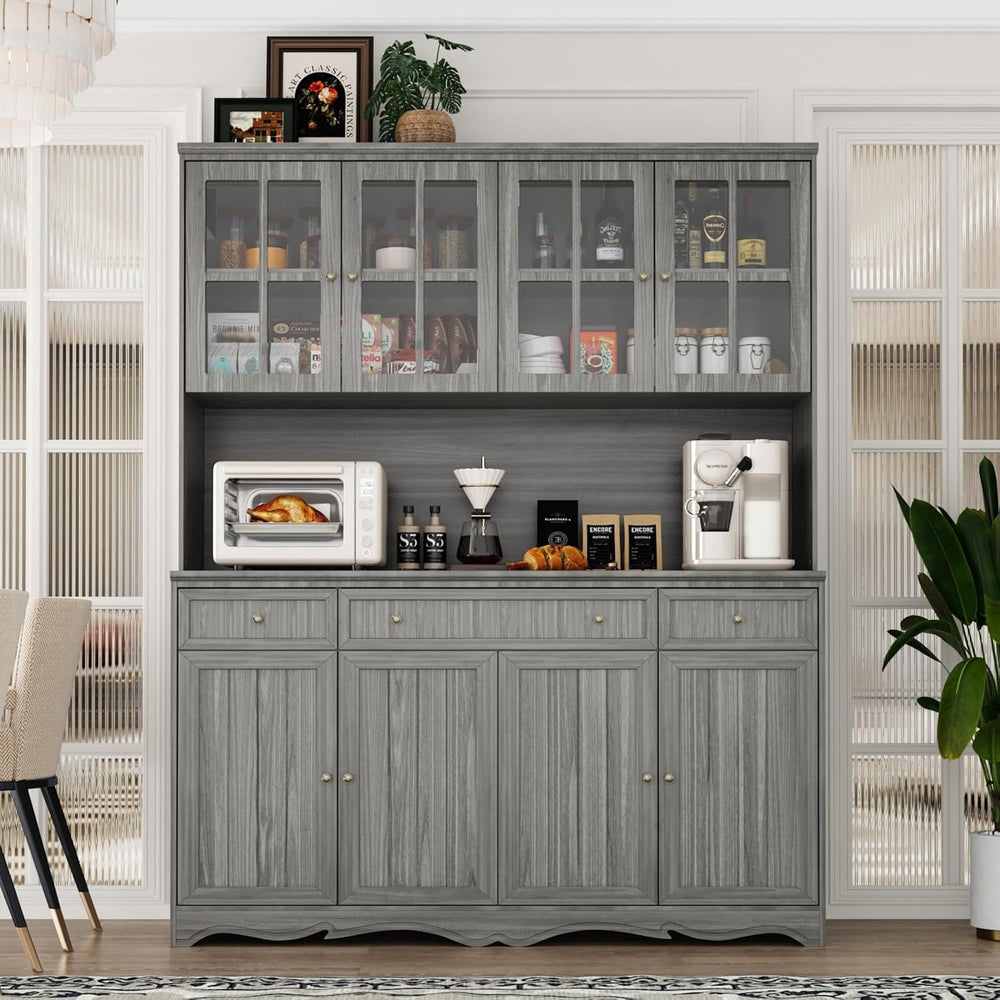 Kitchen Pantry Cabinet with Glass Doors and 3 Drawers, Tall Freestanding Stor...