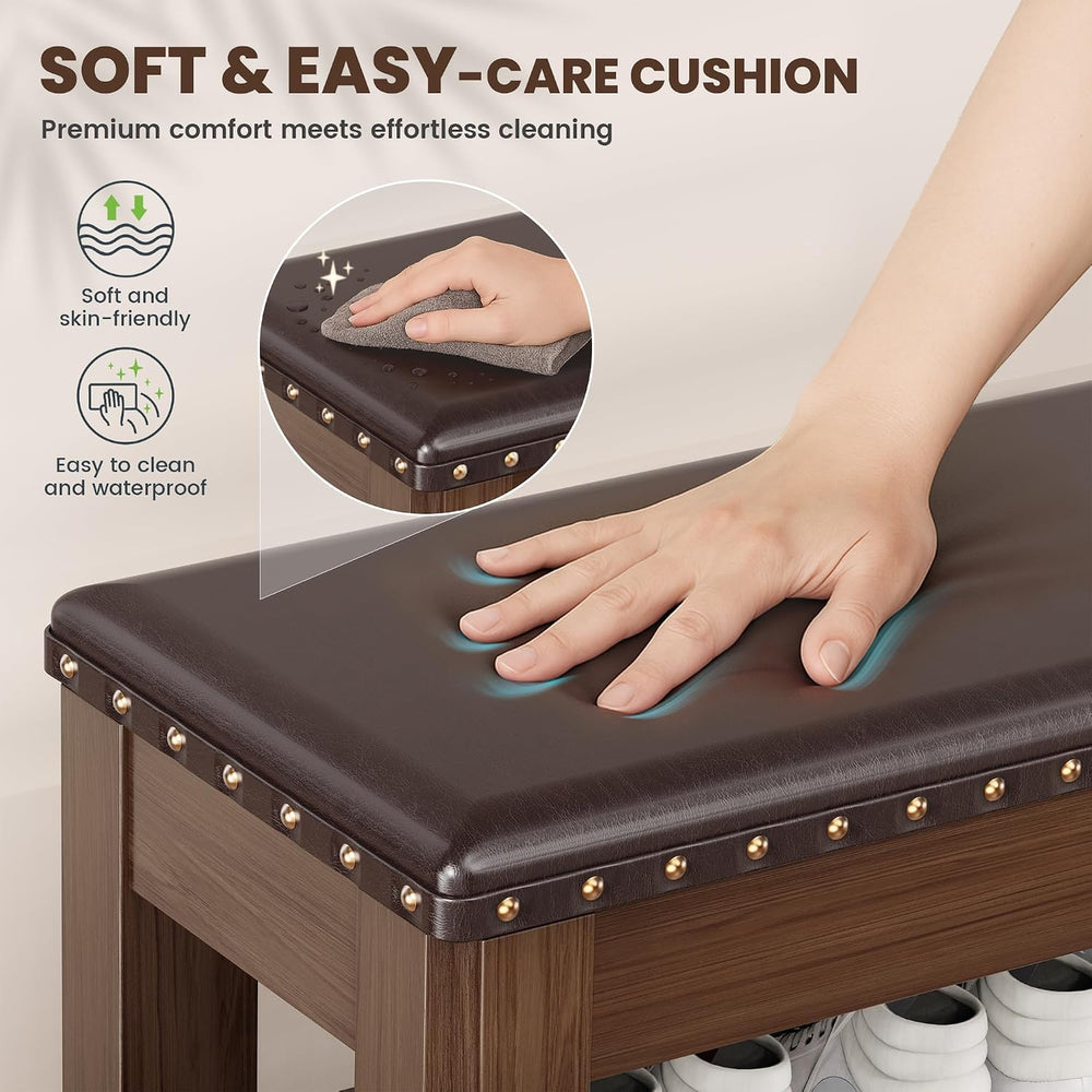 Shoe Bench for Entryway, Solid Rubberwood Shoe Bench with Hidden Storage, Adj...