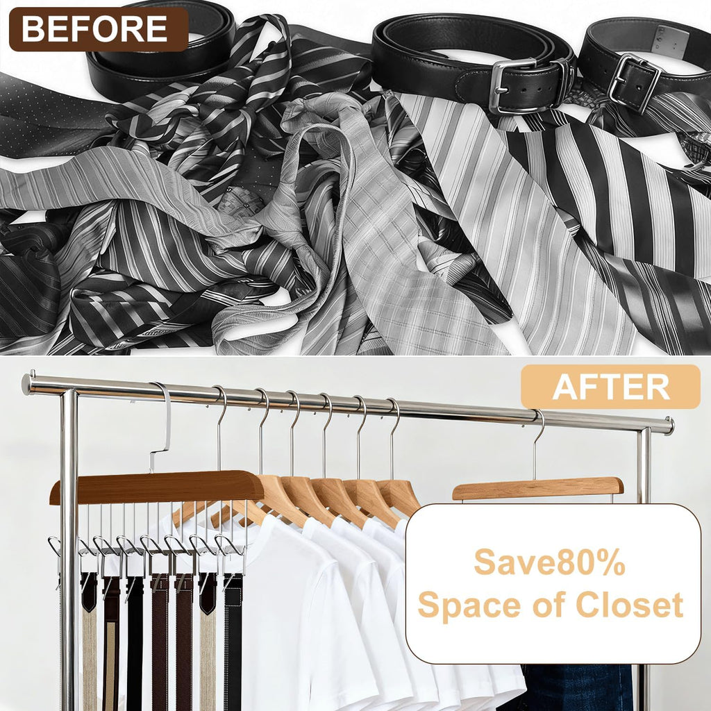 4 Pack Belt Hanger for Closet, Wooden Tie Rack Hangers for Men with 8 Hooks, Space Saving Belt Organizer, Closet Storage for Ties, Belts, Bras, Scarves, Tank Tops