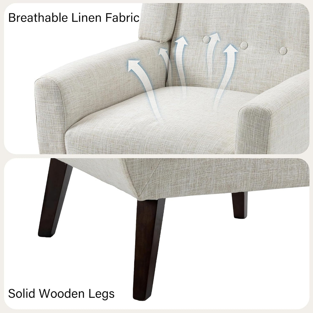Mid-Century Modern Linen Blend Accent Chair, Beige, Set of 2 | Tufted Button Backrest, 4.5" Plush Seat Cushion, Solid Wood Frame, Easy Assembly, For Living Room Bedroom, & Small Spaces