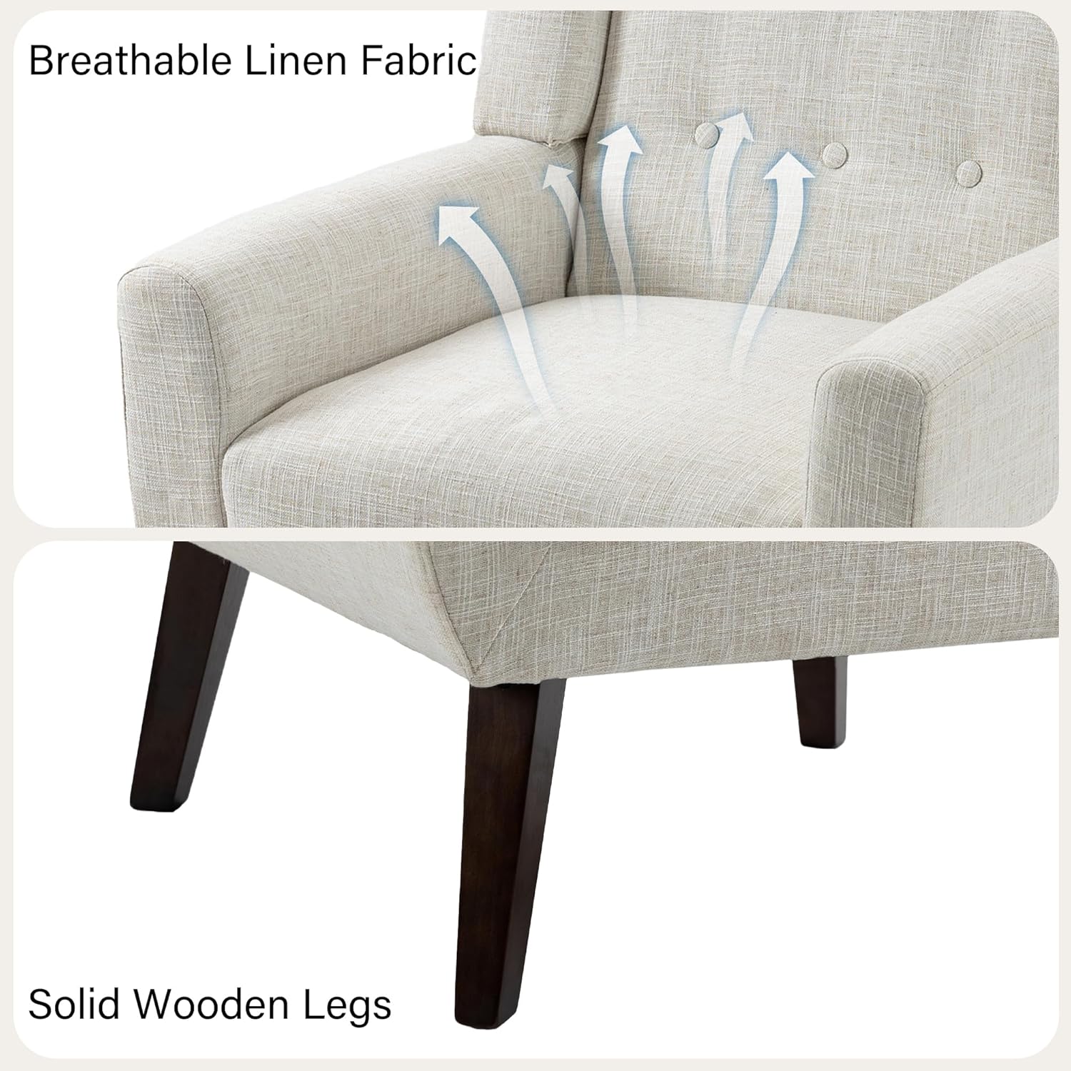 Mid-Century Modern Linen Blend Accent Chair, Beige, Set of 2 | Tufted Button Backrest, 4.5" Plush Seat Cushion, Solid Wood Frame, Easy Assembly, For Living Room Bedroom, & Small Spaces