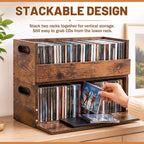 CroBlissful 2 Set Wooden Cd Storage Box, Holds 72 Cds(36 Each), Stackable Cd Holder Organizer with Magnetic Front Flap and Carrying Handles for Dvds, Cassette Tapes and Movie Cases (Rustic Wood Grain)