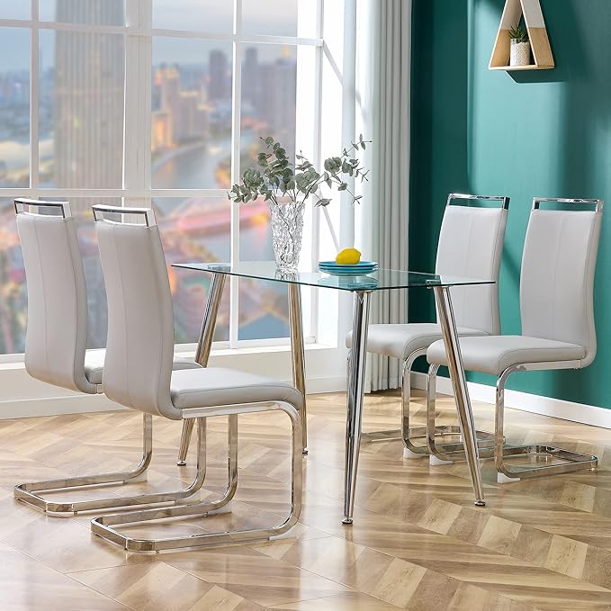 AZmac Modern Leather Dining Chairs Set of 4,Armless Kitchen Chairs,Dining Room Chairs with Upholstered Padded Seat and Sturdy Chrome Legs for Dining Room,Kitchen (Set of 4, Warm Grey)