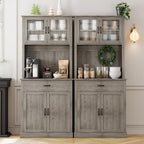 71” Kitchen Pantry Storage Cabinet with Glass Doors and Microwave Stand, Freestanding Tall Kitchen Cabinet with Adjustable Shelves for Dining Room, Grey