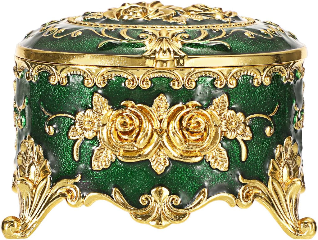 Hipiwe Vintage Metal Jewelry Box Small Ring Holder, Green with Gold Rose | Round Treasure Chest Keepsake Boxes, Trinket organizer for Earrings Necklace Gift for Women