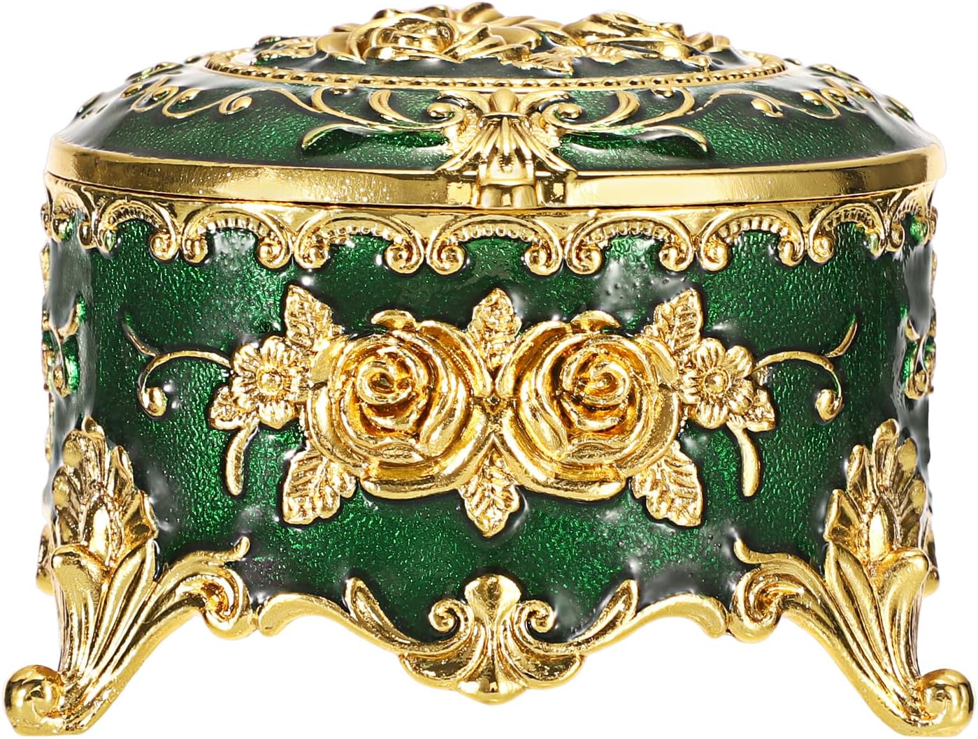 Hipiwe Vintage Metal Jewelry Box Small Ring Holder, Green with Gold Rose | Round Treasure Chest Keepsake Boxes, Trinket organizer for Earrings Necklace Gift for Women